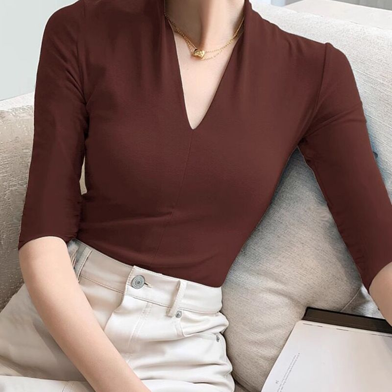 品牌折扣正品女装断码清仓特价不能退换复古黑色V领中袖T恤女春秋