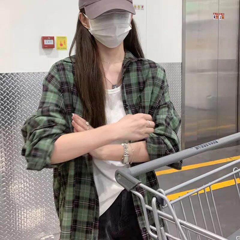 品牌正品女装衣服断码特价清仓 不退换-港风复古绿色格子衬衫女夏