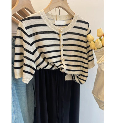 品牌折扣正品女装断码清仓特价不能退换条纹冰丝针织短袖T恤女