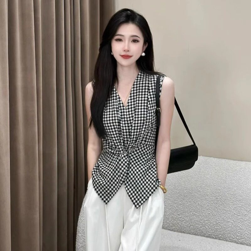 品牌折扣正品女装断码清仓特价不能退换黑白格子扭结无袖背心衬衫