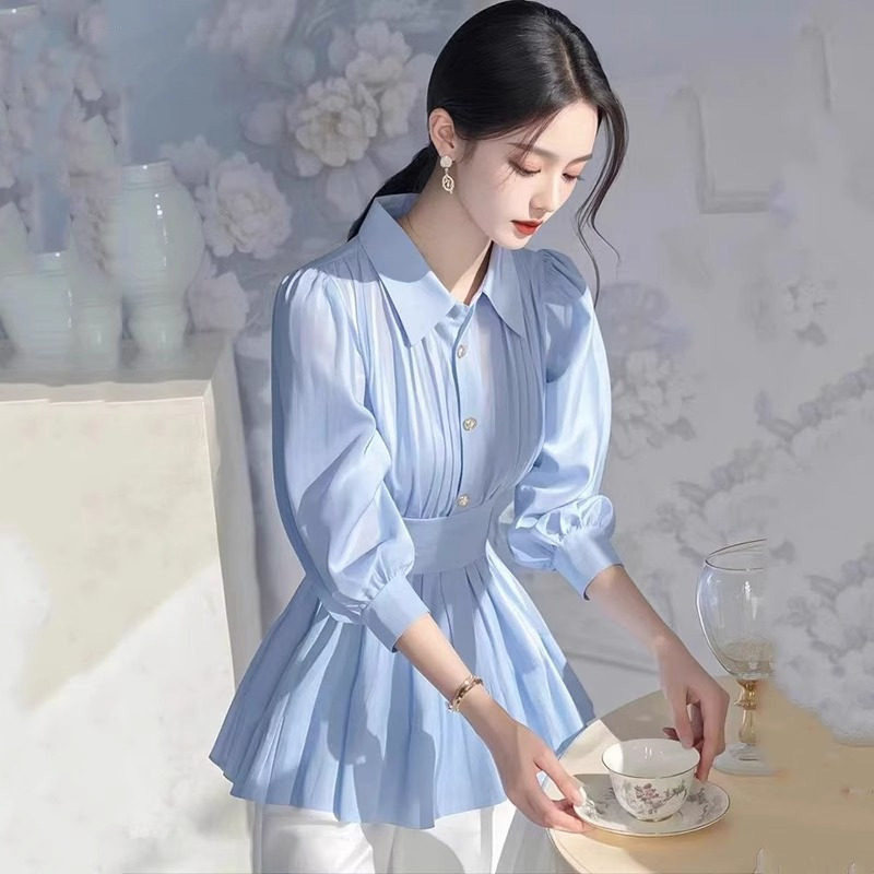 品牌折扣正品女装断码清仓特价不能退换法式蓝色长袖衬衫女夏季
