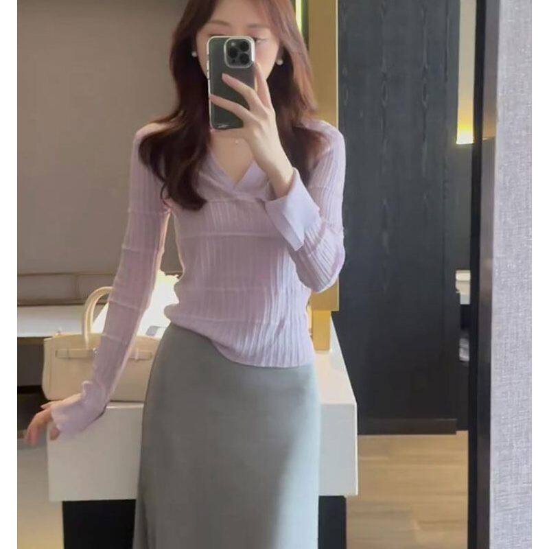 品牌折扣正品女装断码清仓特价不能退换紫色polo领喇叭袖针织女秋