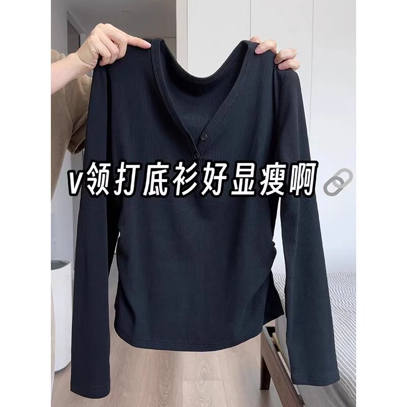 品牌折扣正品女装断码清仓特价不能退换白色V领长袖t恤女春秋新款