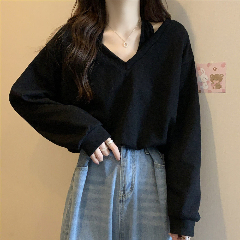 品牌折扣正品女装断码清仓特价不能退换黑色V领长袖T恤女秋季