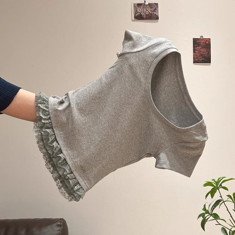 品牌折扣正品女装断码清仓特价不能退换灰色蕾丝花边下摆圆领短袖