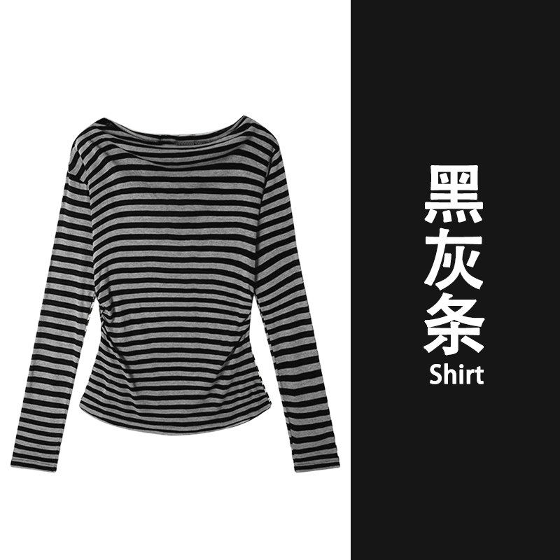 品牌折扣正品女装断码清仓特价不能退换条纹斜肩长袖T恤女秋季新