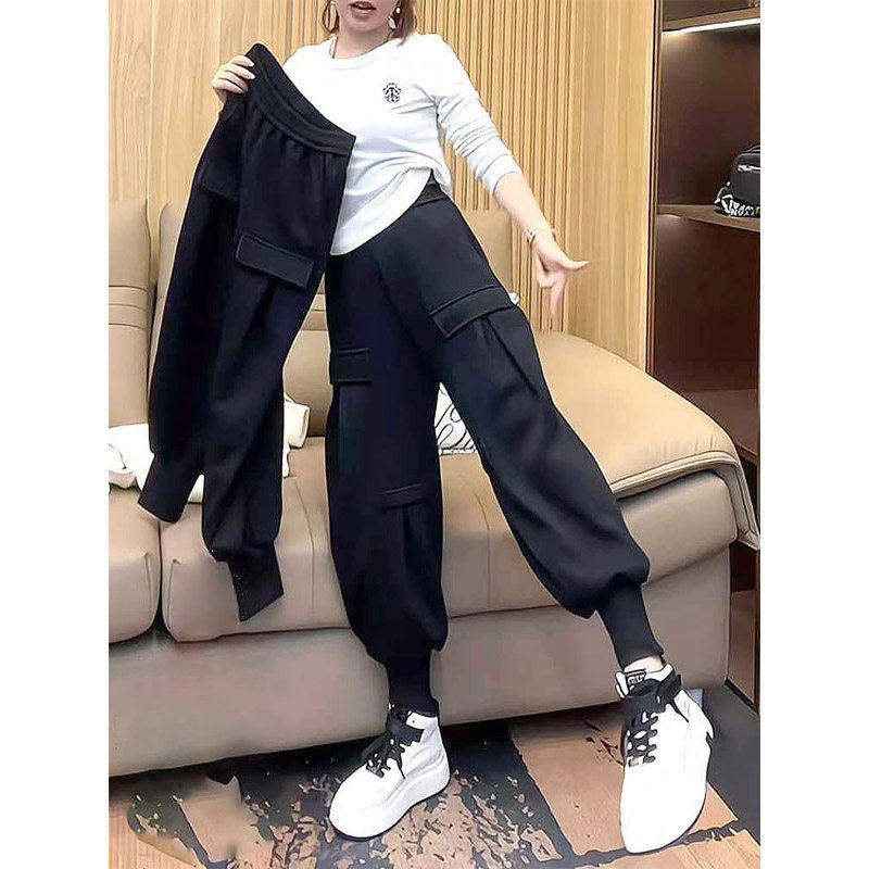 品牌正品女装衣服断码特价清仓 不退换-黑色加绒工装束脚裤女秋冬