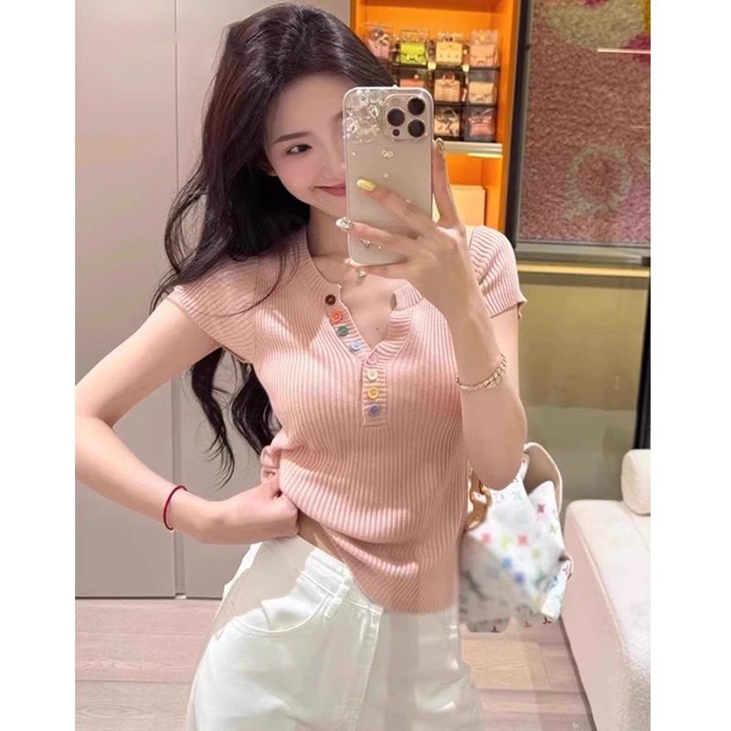 品牌折扣正品女装断码清仓特价不能退换粉色V领冰丝短袖T恤女夏季