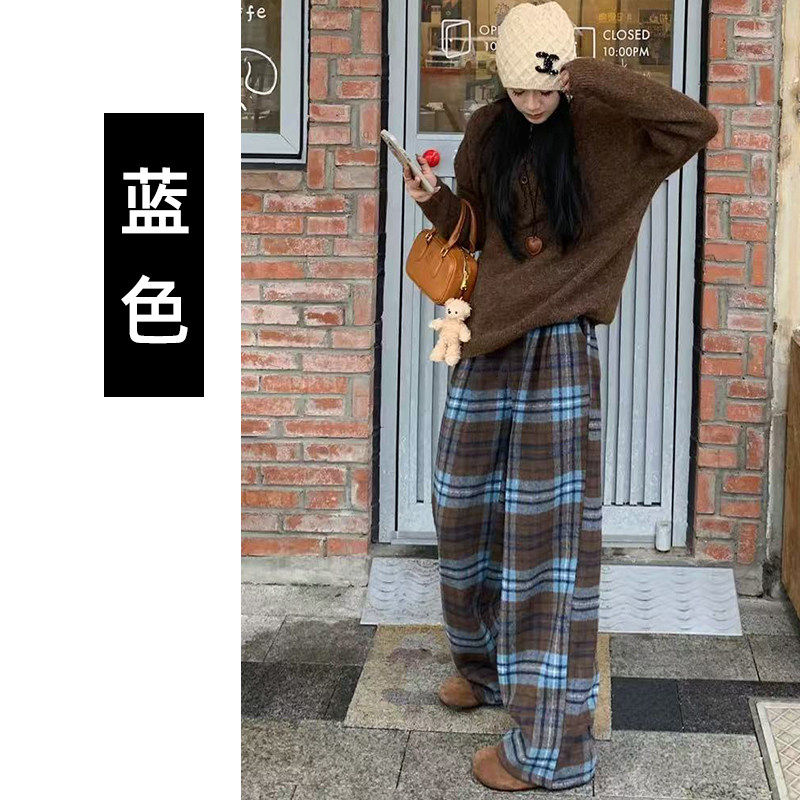 品牌折扣正品女装断码清仓特价不能退换蓝色毛呢格子裤女秋冬款宽