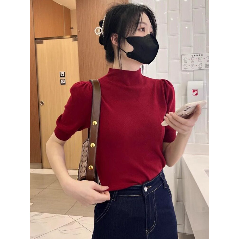 品牌折扣正品女装断码清仓特价不能退换半高领针织短袖T恤女早秋
