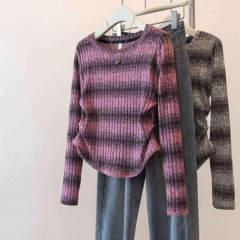 品牌折扣正品女装断码清仓特价不能退换灰色条纹打底衫女秋冬新款