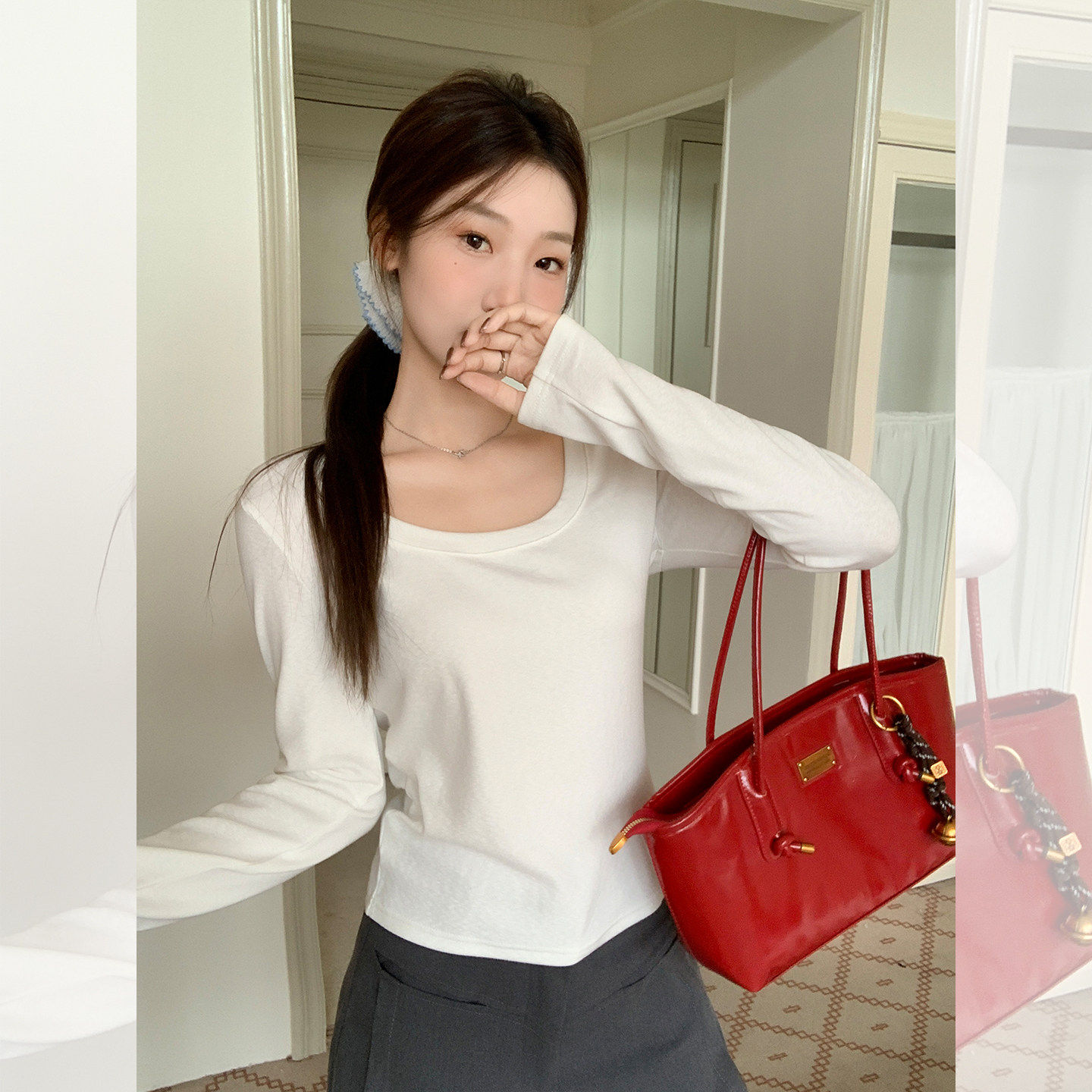 品牌正品女装衣服断码特价清仓 不退换-白色U领打底衫女秋冬新款