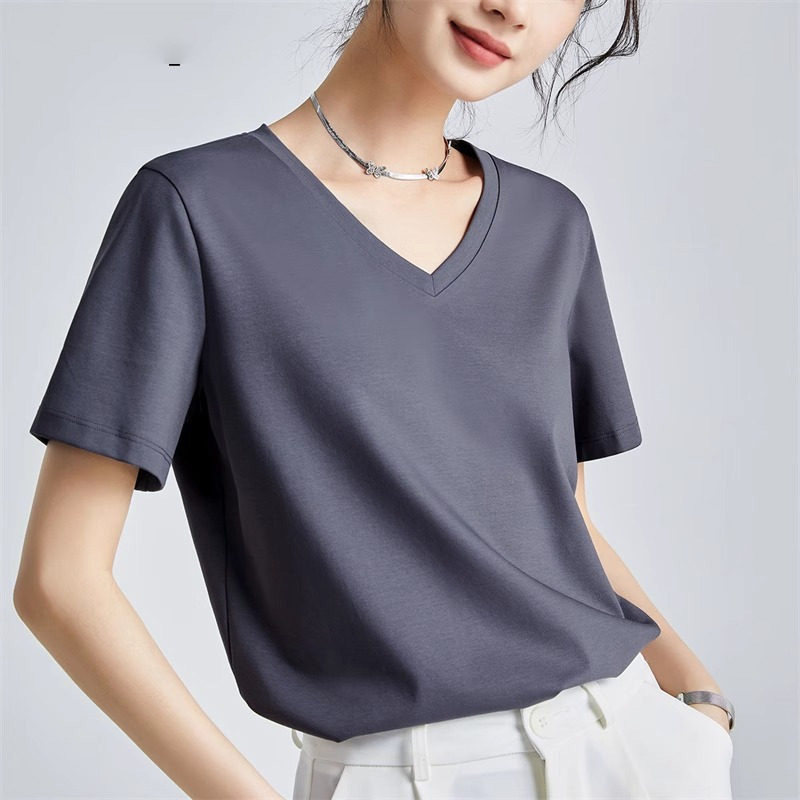 品牌折扣正品女装断码清仓特价不能退换黑色V领丝光棉短袖T恤
