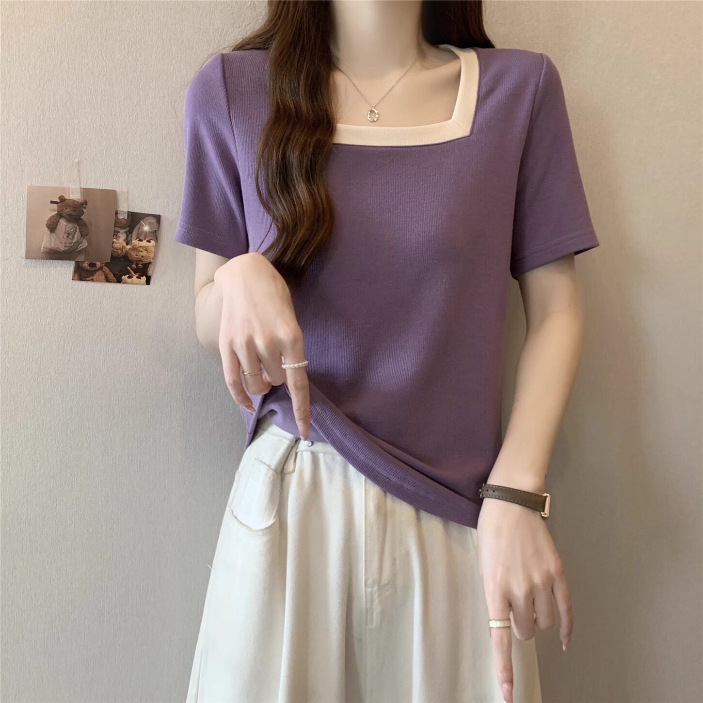 【品牌正品女装新品超级秒杀 不接受退换】紫色大码方领短袖T恤女
