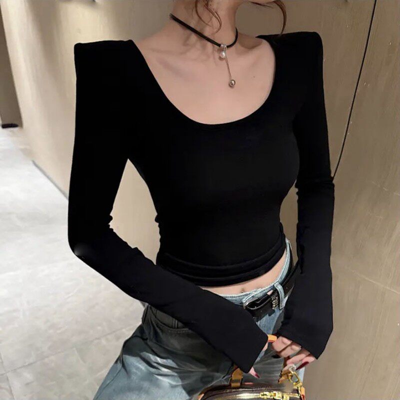 品牌折扣正品女装断码清仓特价不能退换黑色U领长袖T恤女秋季修身