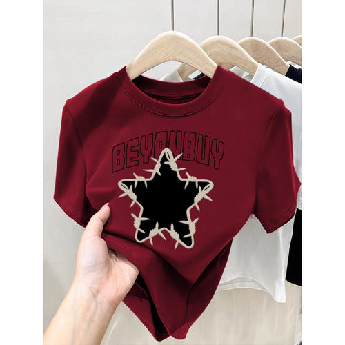 品牌折扣正品女装断码清仓特价不能退换酒红色正肩短袖t恤女夏