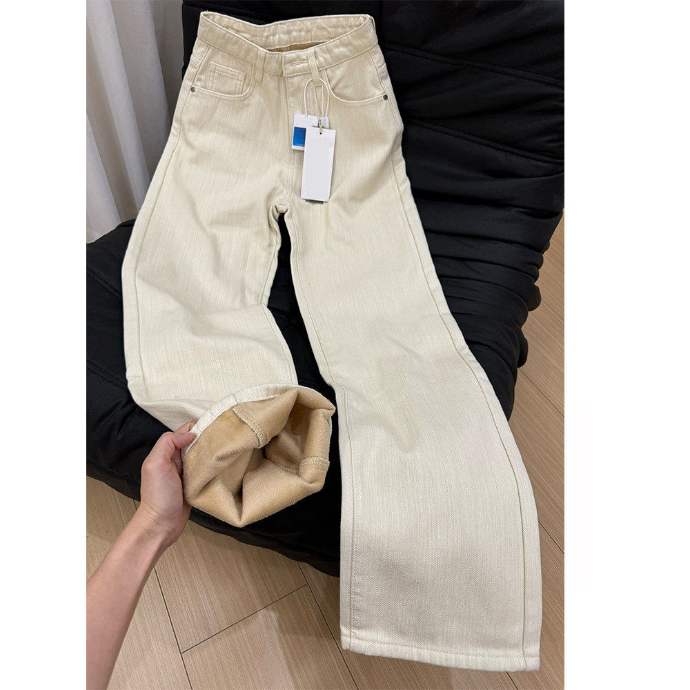 品牌折扣正品女装断码清仓特价不能退换白色加绒牛仔裤女阔腿裤
