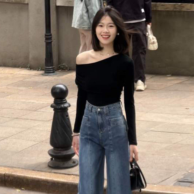 品牌折扣正品女装断码清仓特价不能退换露肩纯欲性感黑色长袖T恤