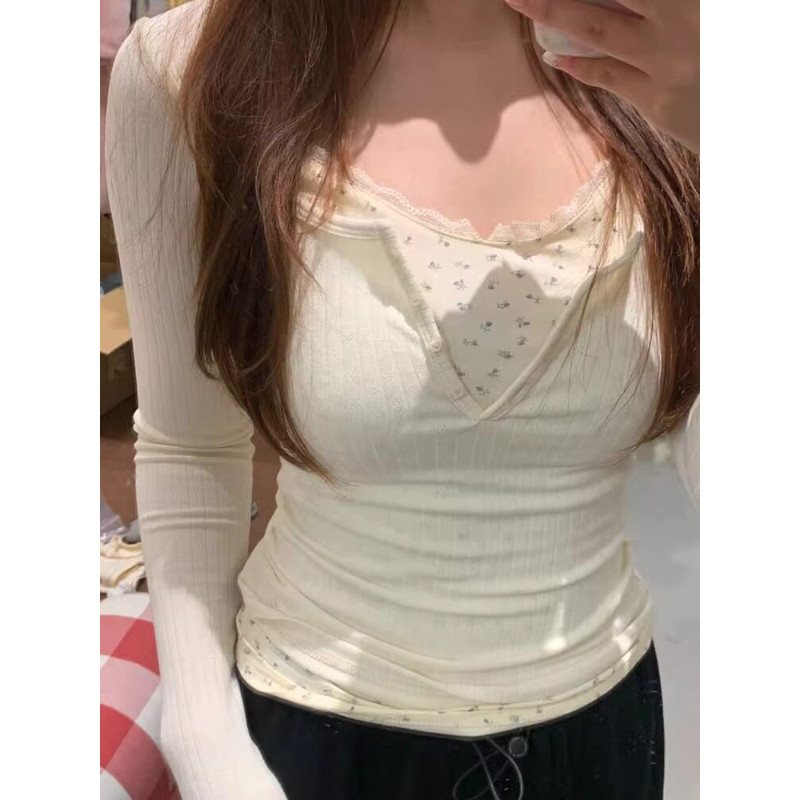 品牌折扣正品女装断码清仓特价不能退换假两件蕾丝碎花打底衫女秋