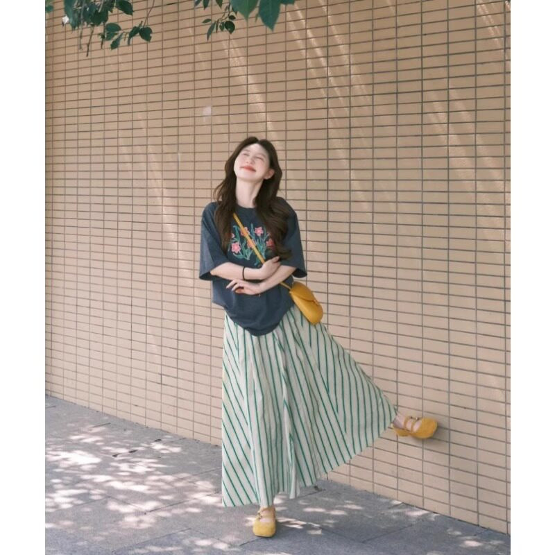 品牌正品女装衣服断码特价清仓 不接受退换-绿色条纹半身裙女夏季