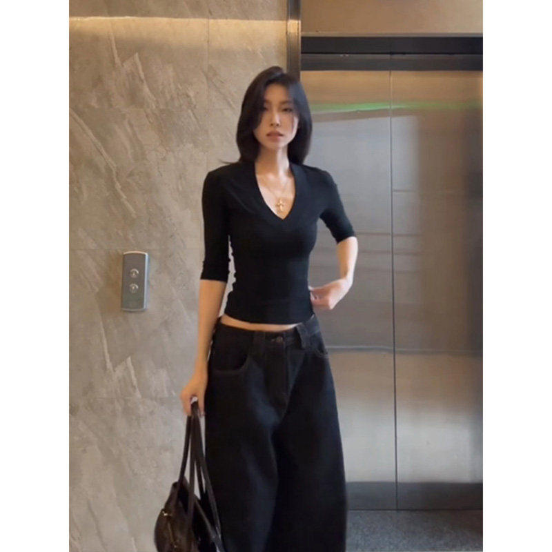 品牌折扣正品女装断码清仓特价不能退换黑色七分袖T恤女士秋季出