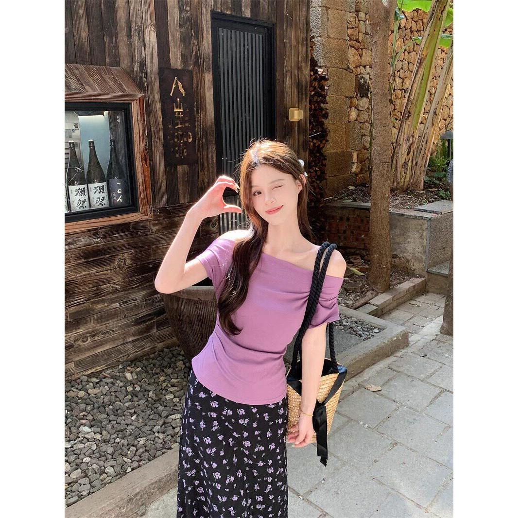 品牌折扣正品女装断码清仓特价不能退换紫色露肩收腰短袖T恤女