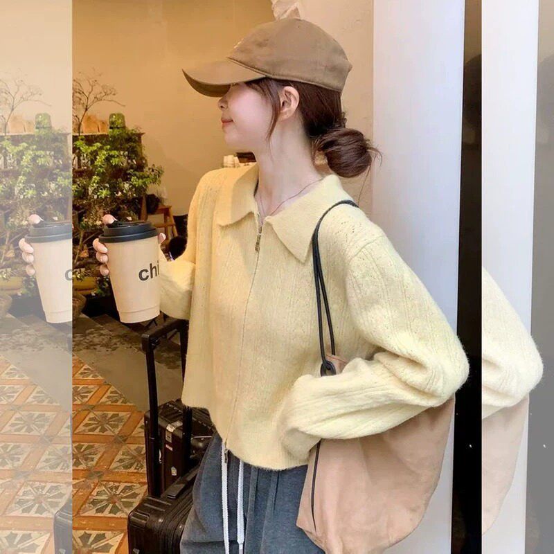品牌正品女装衣服断码特价清仓 不退换-费尔岛黄色polo领针织开衫