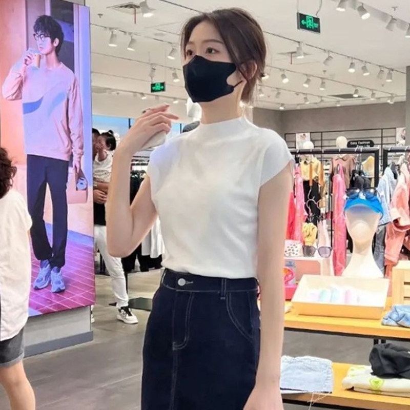 品牌折扣正品女装断码清仓特价不能退换半高领黑色冰丝针织短袖t