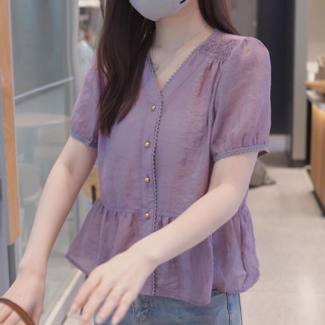 品牌折扣正品女装断码清仓特价不能退换法式v领雪纺短袖衬衫女