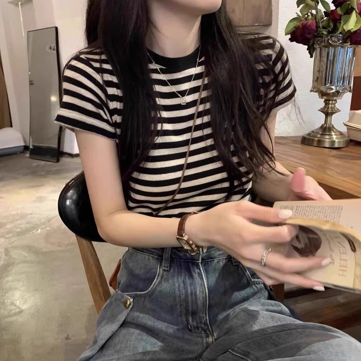 品牌正品女装衣服断码特价清仓 不退换-欧货黑色圆领条纹短袖T恤
