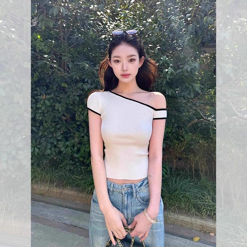 品牌折扣正品女装断码清仓特价不能退换欧货白色斜领露肩短袖