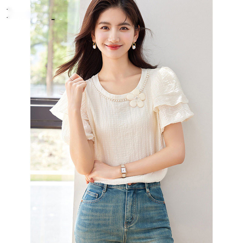 品牌正品女装衣服断码特价清仓 不退换-欧货圆领花朵泡泡袖T恤女