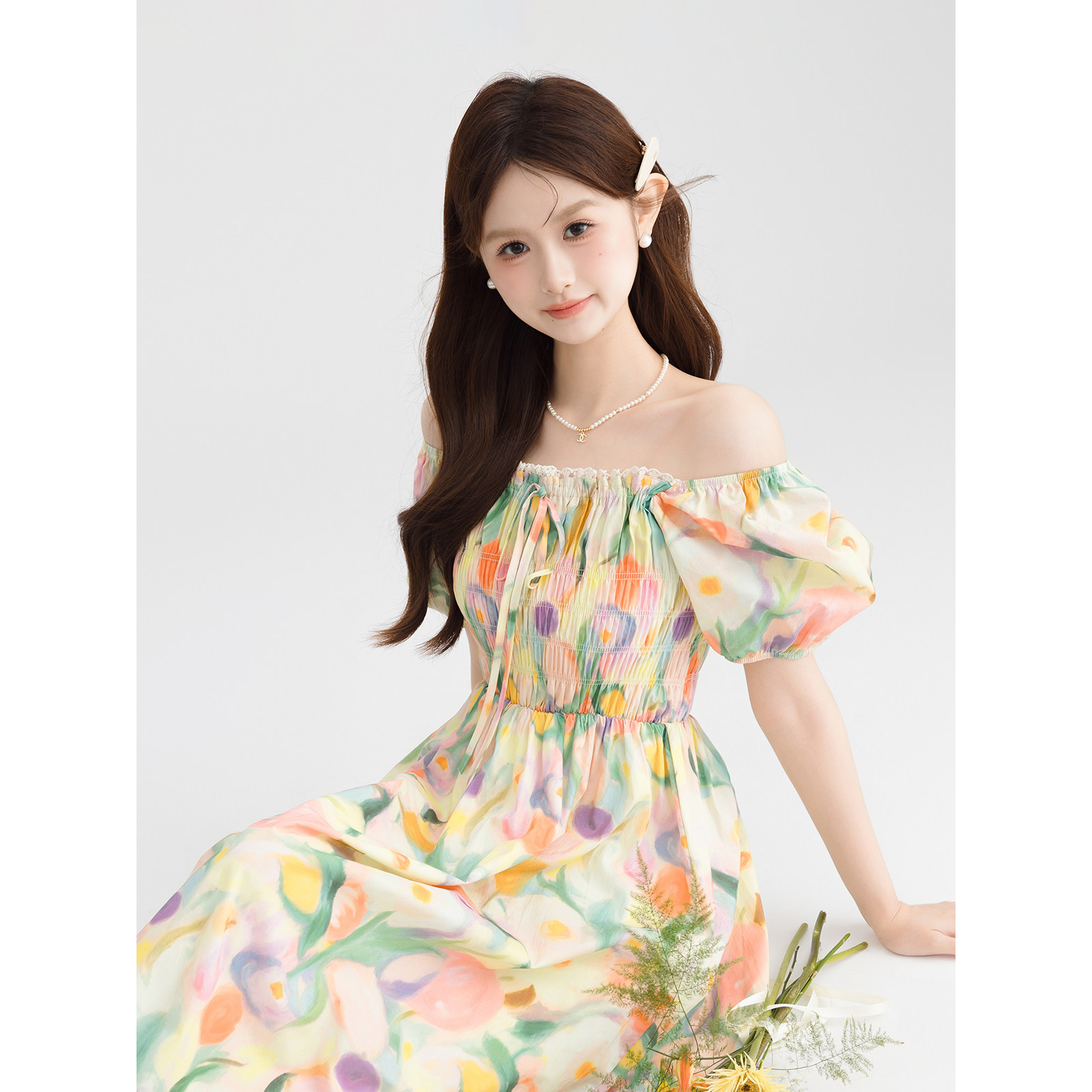 品牌折扣正品女装断码清仓特价不能退换法式油画碎花露肩