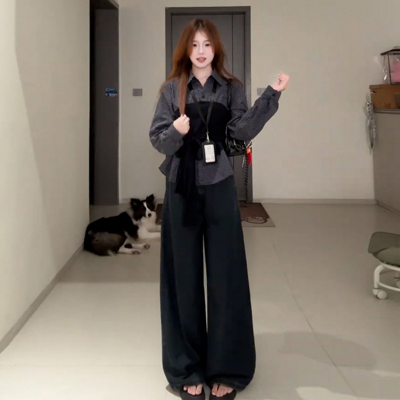 品牌正品女装衣服断码特价清仓 不退换-韩系藏青色格子衬衫女秋冬
