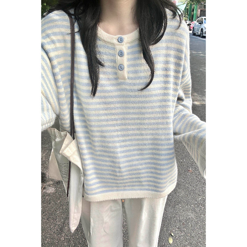 品牌折扣正品女装断码清仓特价不能退换蓝色撞色条纹针织衫女秋冬