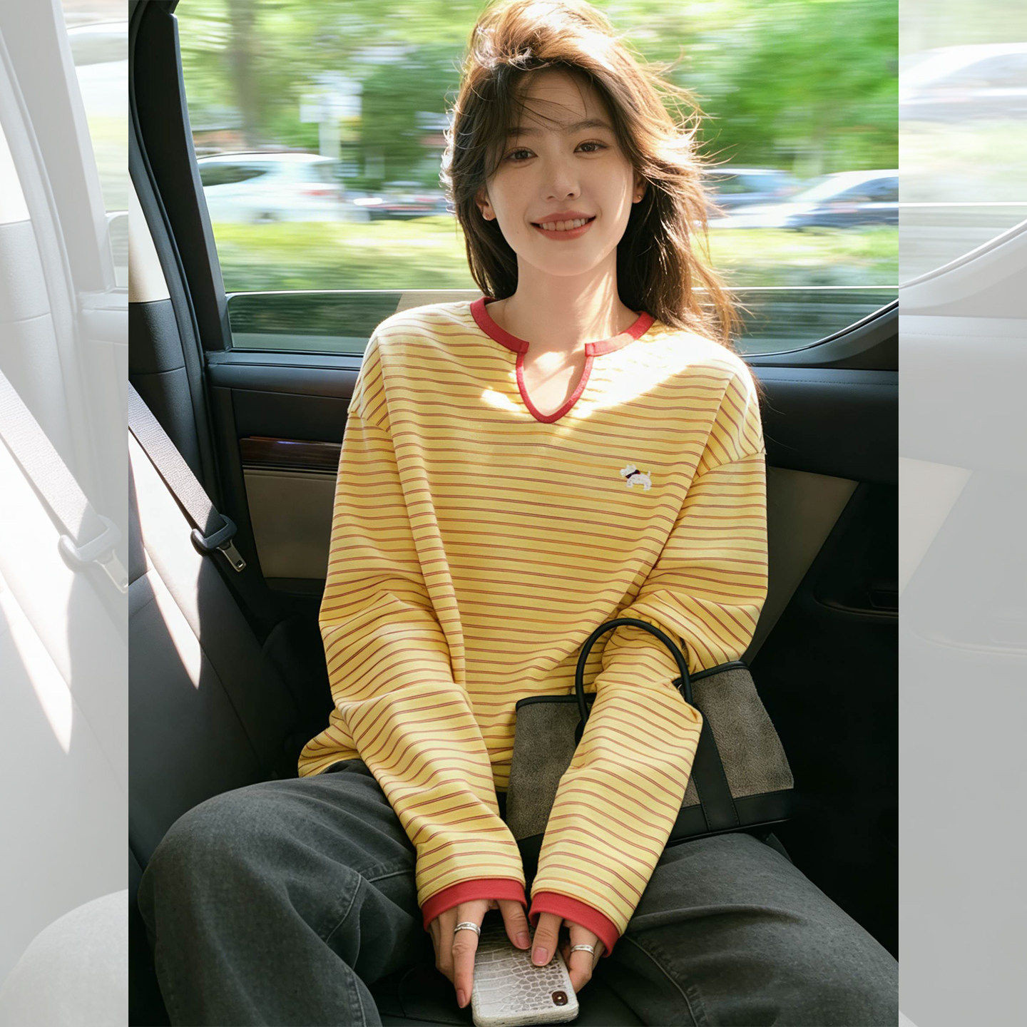 品牌正品女装衣服断码特价清仓 不接受退换-韩系黄色条纹v领长袖T