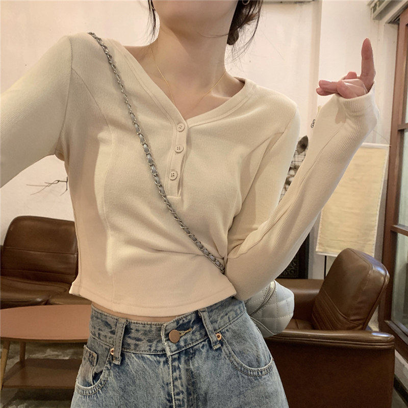 品牌正品女装衣服断码特价清仓 不退换-杏色V领长袖T恤女秋季新款