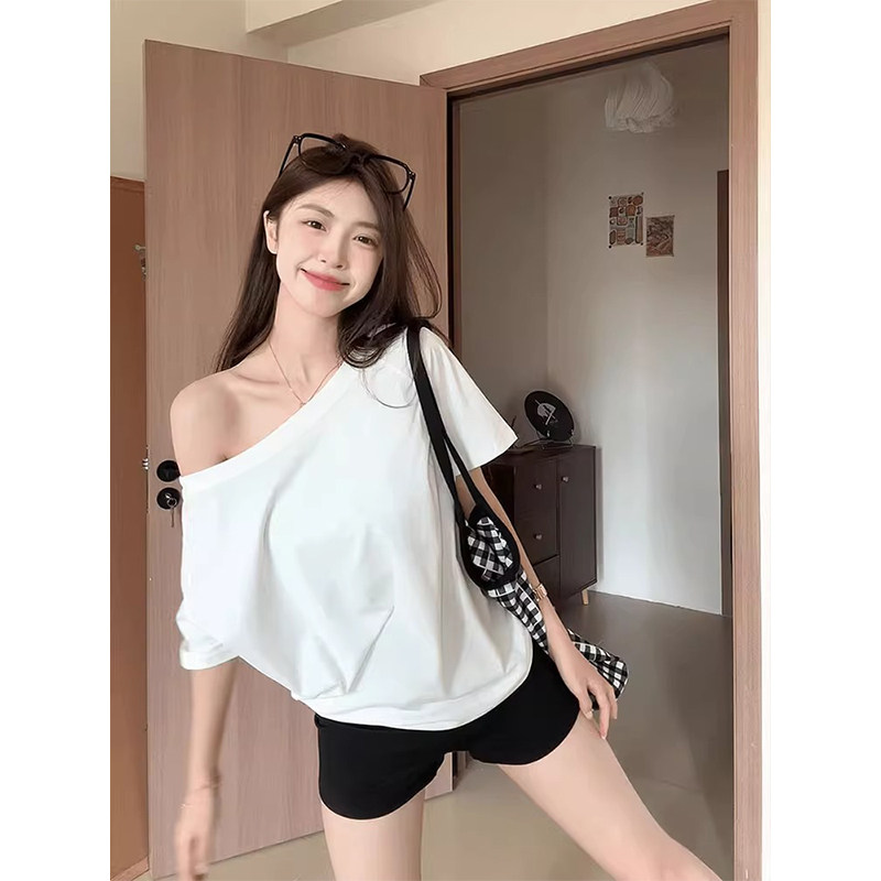 【品牌正品女装新品超级秒杀 不接受退换】白色斜露肩短袖t恤女