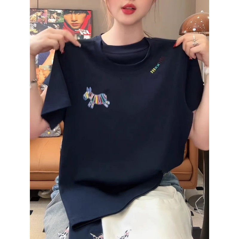 品牌折扣正品女装断码清仓特价不能退换藏青色圆领印花短袖T恤女