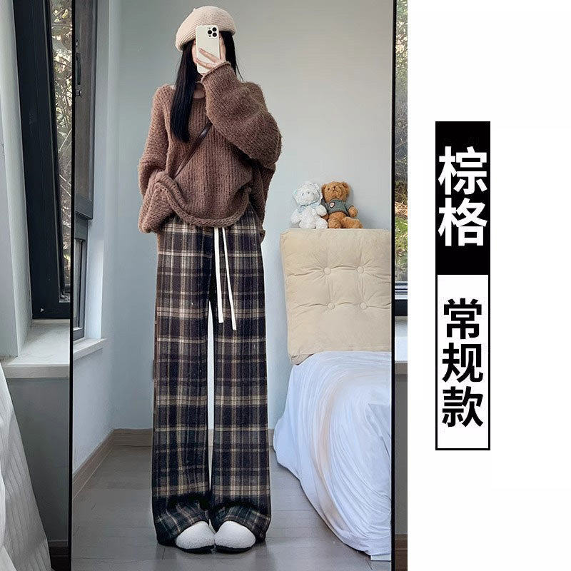 品牌正品女装衣服断码特价清仓 不退换-咖色毛呢格子阔腿裤女秋冬