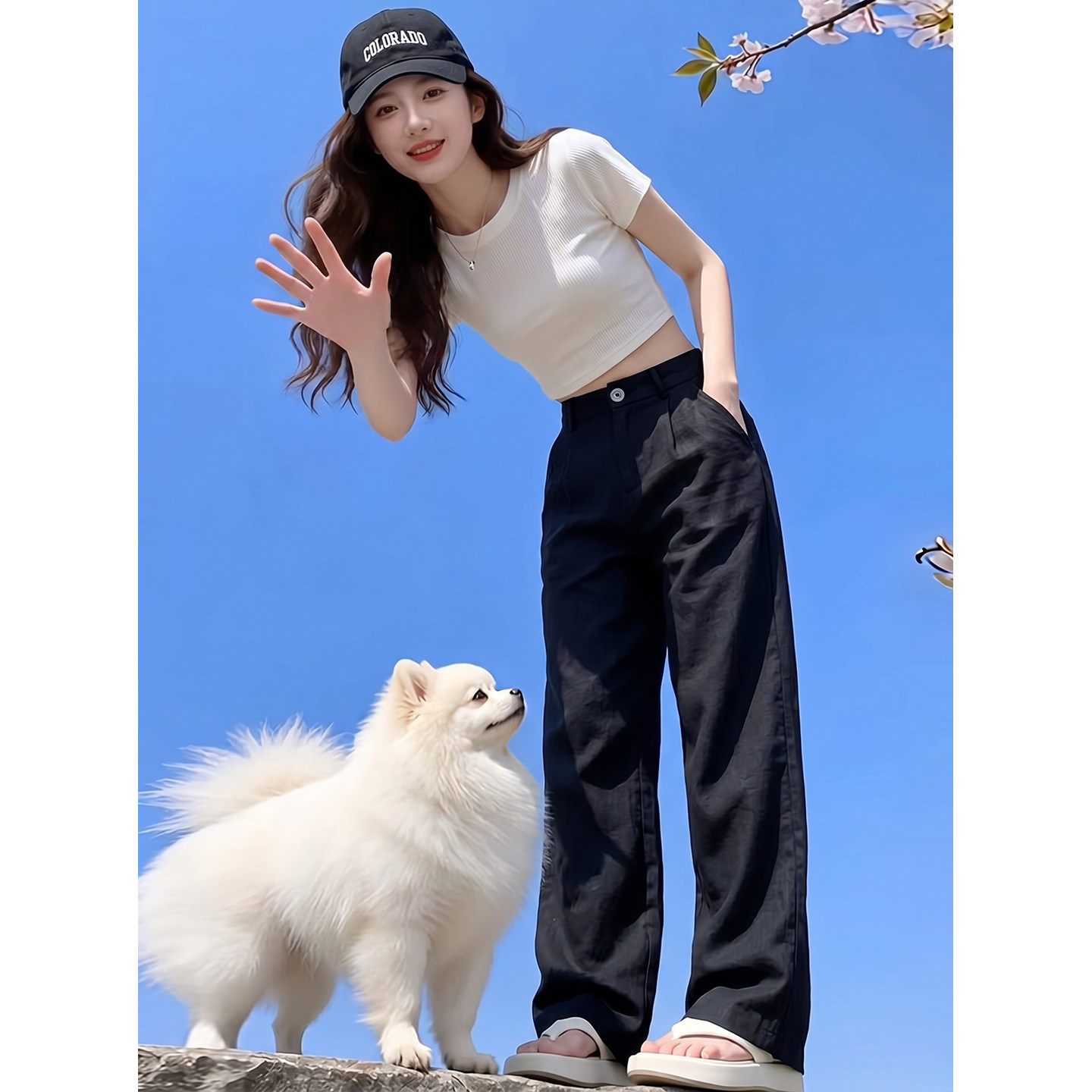 黑色亚麻西装阔腿裤女夏季