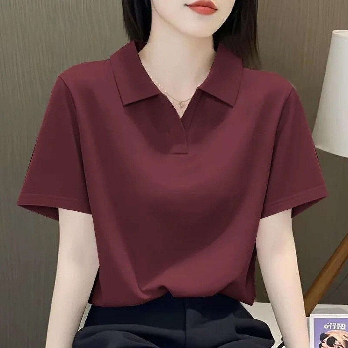 品牌折扣正品女装断码清仓特价不能退换酒红色翻领正肩短袖T恤女