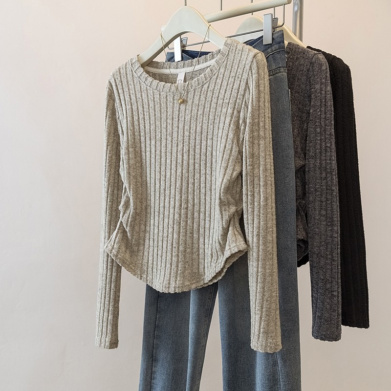 品牌正品女装衣服断码特价清仓 不退换-卡其色圆领褶皱针织打底衫