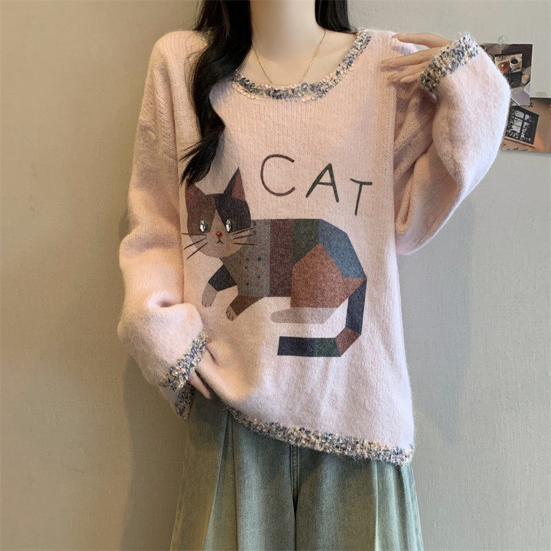 品牌正品女装衣服断码特价清仓 不退换-粉色卡通小猫针织衫女秋冬