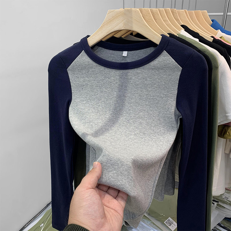 品牌折扣正品女装断码清仓特价不能退换撞色正肩长袖T恤女秋季新