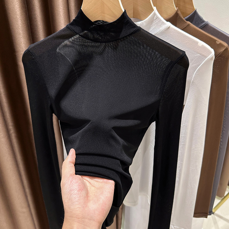 品牌折扣正品女装断码清仓特价不能退换网纱半高领打底衫女秋冬黑