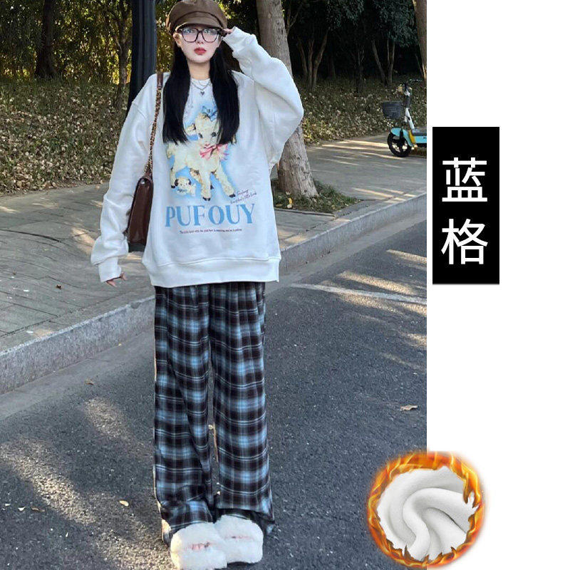 品牌正品女装衣服断码特价清仓 不退换-蓝色格子裤女春秋新款软糯