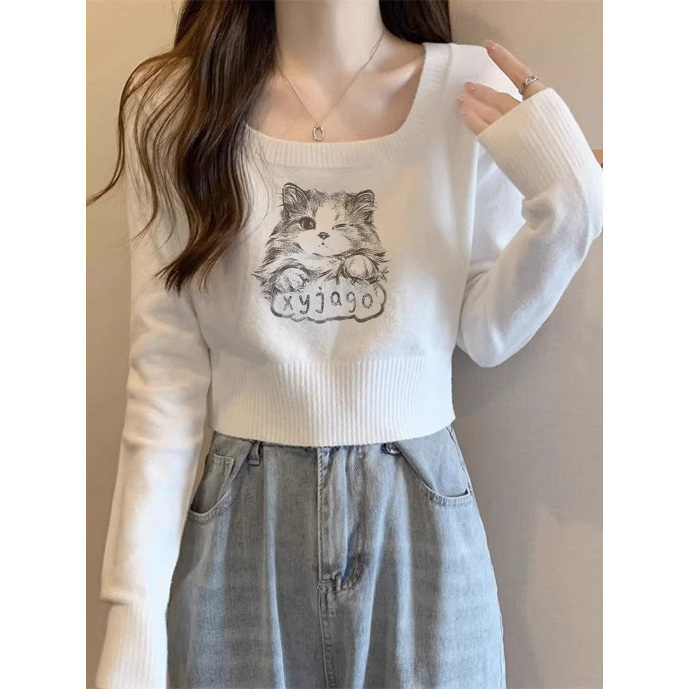 品牌正品女装衣服断码特价清仓 不退换-白色方领猫咪印花针织打底