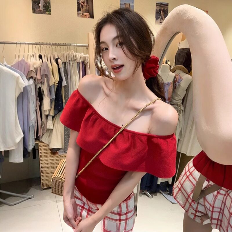 品牌折扣正品女装断码清仓特价不能退换一字肩红色衬衫短袖T恤