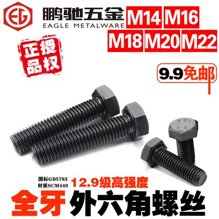 EG鹏驰高强度12.9级外六角螺丝栓全牙国标GB5783M14M16M18M20包邮